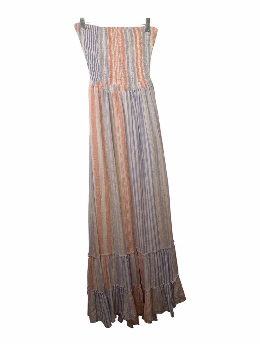 Miss Avenue Striped Strapless Maxi Dress in Peach & Light Blue
